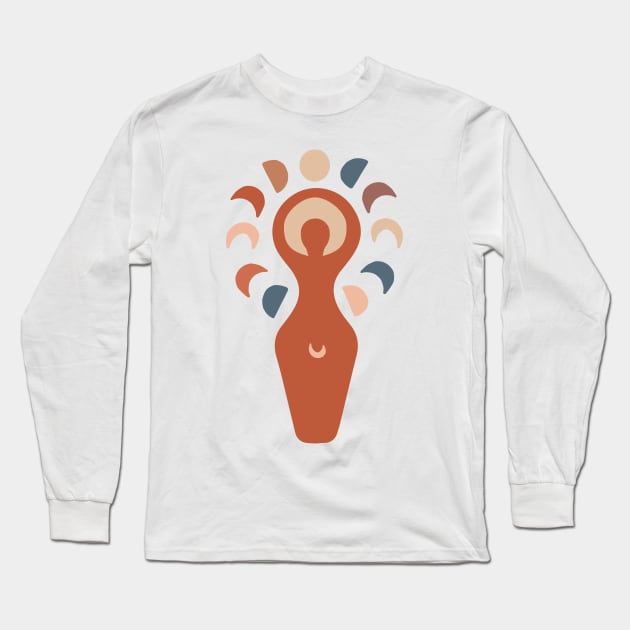 Woman Moon Phases Fertility Goddess Terracotta Long Sleeve T-Shirt by Inogitna Designs